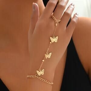NEW Gold Chain Hand Bracelet with Butterfly Charms – Vintage style Ring Bracelet